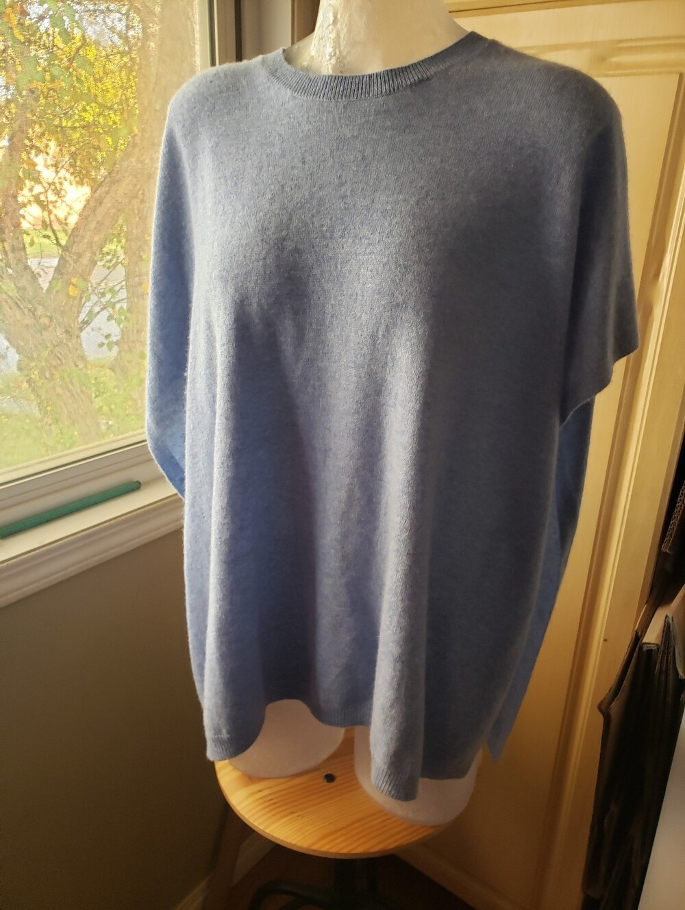 Women's Cashmere Crewneck Sweater - Blue Poncho Style